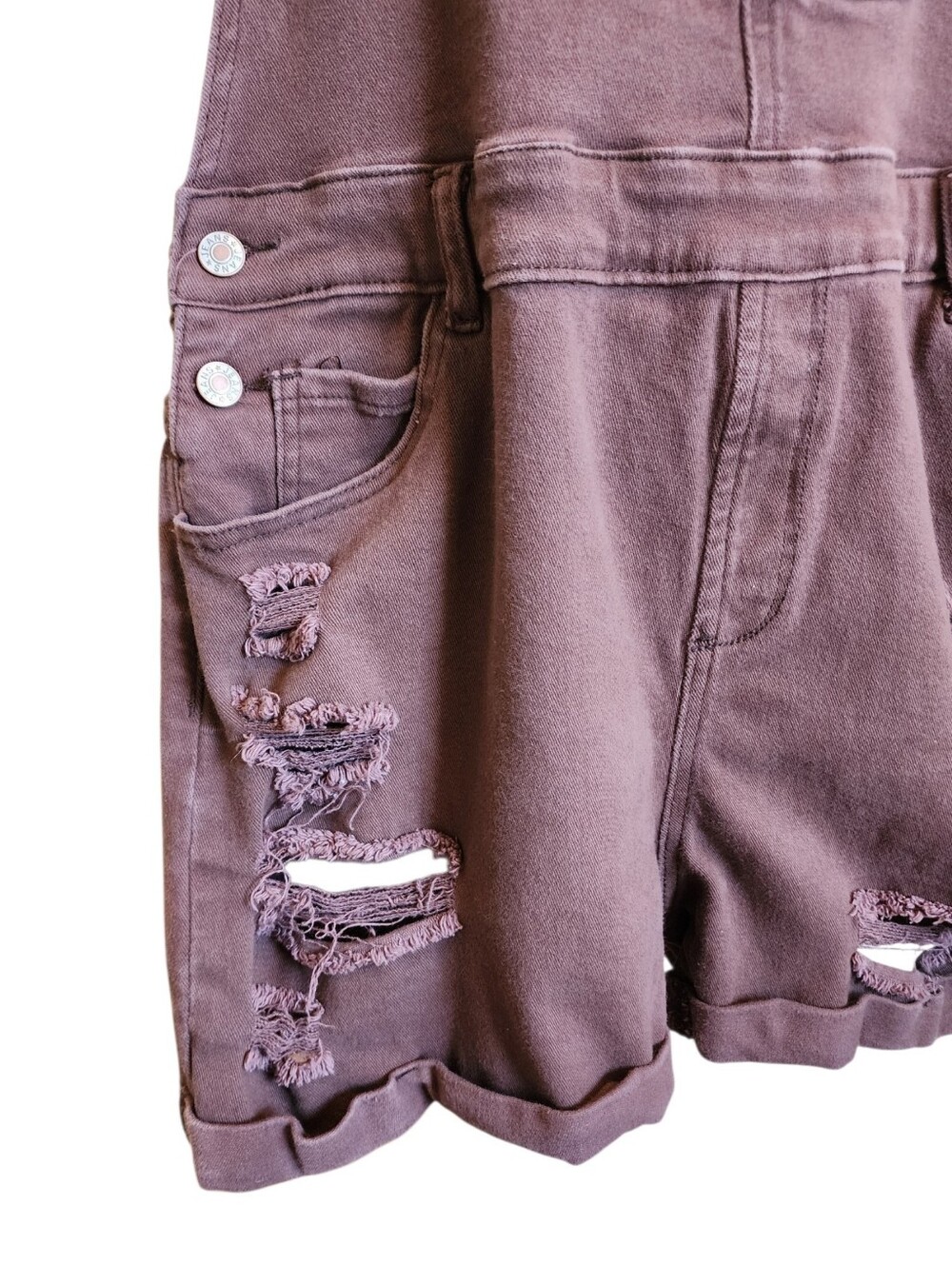 Overall brown denim shorts distressed casual adjustable straps, pockets, fun! - Picture 9 of 14